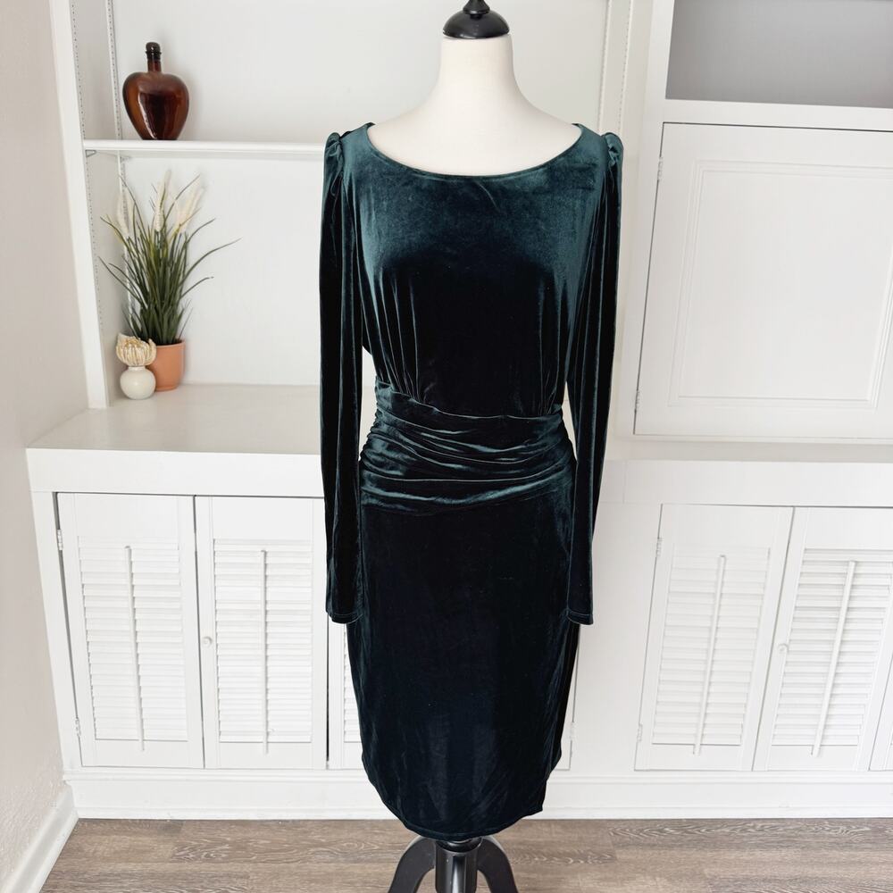 Ralph Lauren Dark Green Velvet Puff-Sleeve Ruched Cocktail Dress Size 16